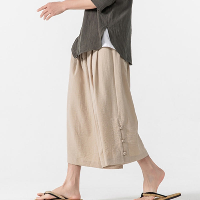 Buddha Stones Pantaloni larghi casual da uomo in cotone con bottoni a rana, lunghezza 7-8, gamba larga, tasche - image 13