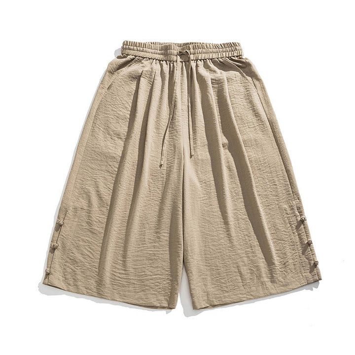 Buddha Stones Pantaloni larghi casual da uomo in cotone con bottoni a rana, lunghezza 7-8, gamba larga, tasche - image 1