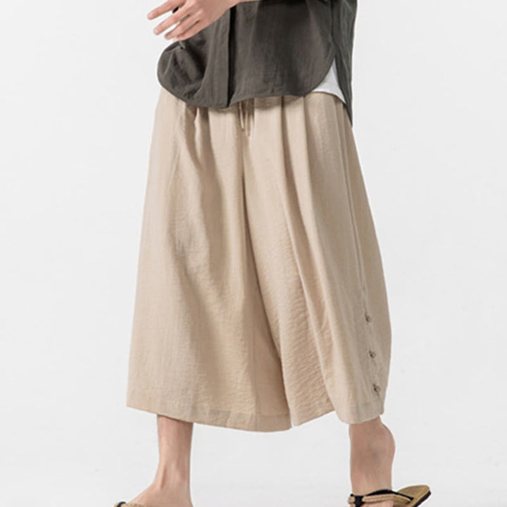 Buddha Stones Pantaloni larghi casual da uomo in cotone con bottoni a rana, lunghezza 7-8, gamba larga, tasche - image 5