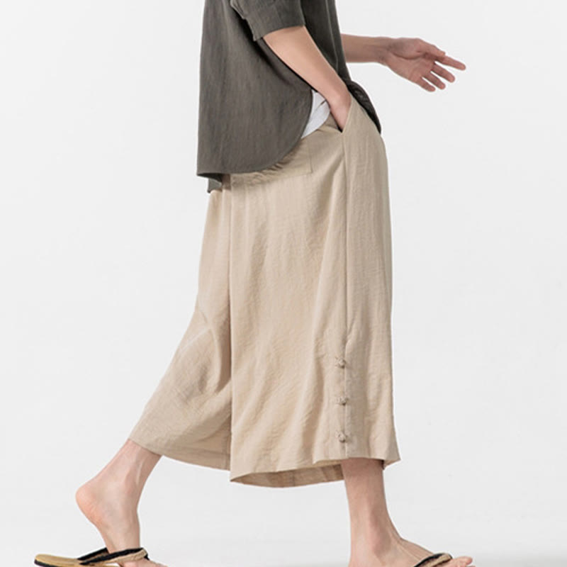 Buddha Stones Pantaloni larghi casual da uomo in cotone con bottoni a rana, lunghezza 7-8, gamba larga, tasche - image 6