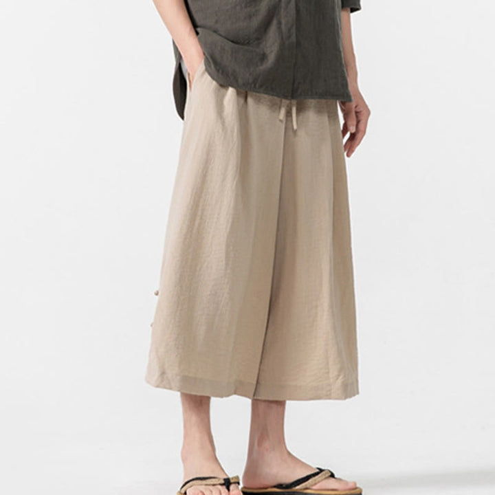 Buddha Stones Pantaloni larghi casual da uomo in cotone con bottoni a rana, lunghezza 7-8, gamba larga, tasche - image 2