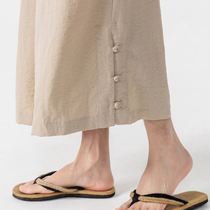 Buddha Stones Pantaloni larghi casual da uomo in cotone con bottoni a rana, lunghezza 7-8, gamba larga, tasche - image 7