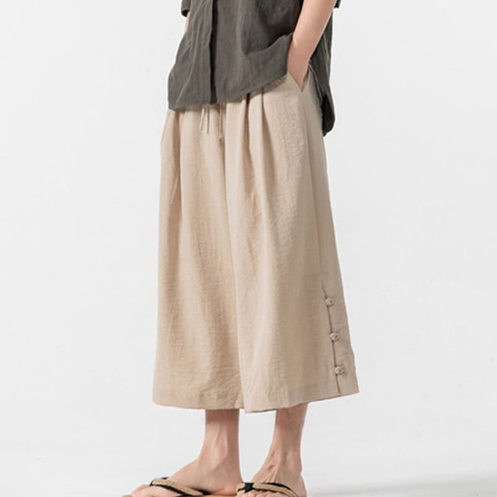 Buddha Stones Pantaloni larghi casual da uomo in cotone con bottoni a rana, lunghezza 7-8, gamba larga, tasche - image 3