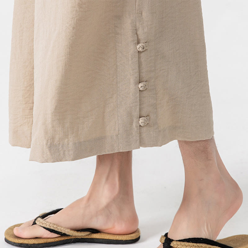 Buddha Stones Pantaloni larghi casual da uomo in cotone con bottoni a rana, lunghezza 7-8, gamba larga, tasche - image 9