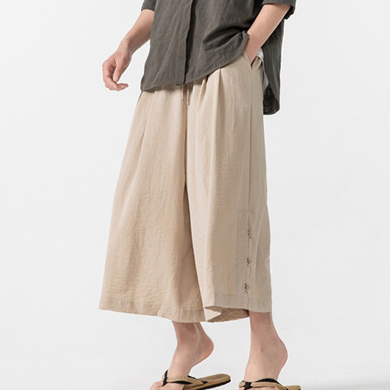 Buddha Stones Pantaloni larghi casual da uomo in cotone con bottoni a rana, lunghezza 7-8, gamba larga, tasche - image 8