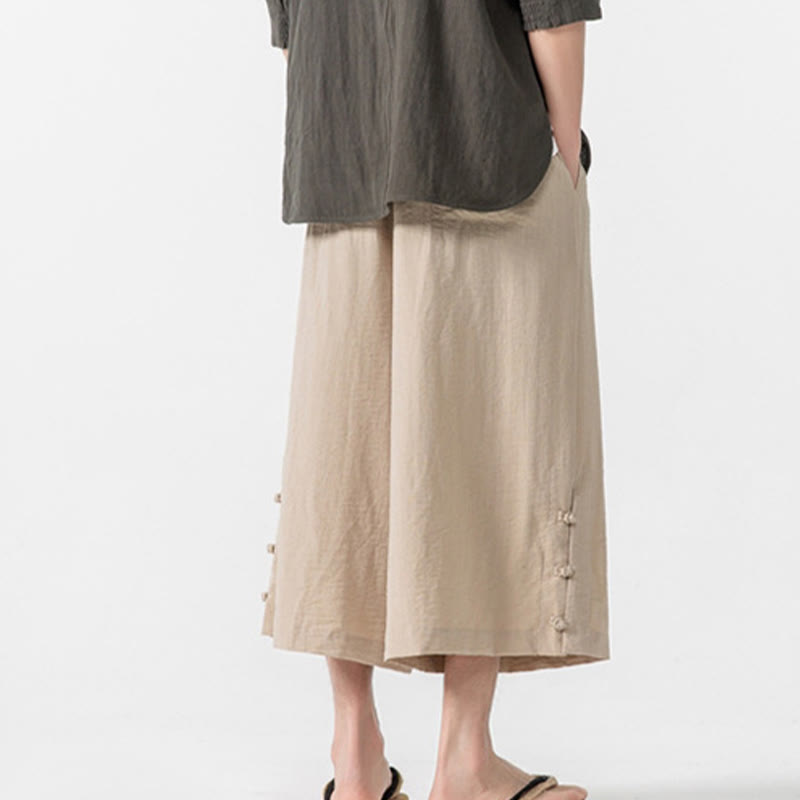 Buddha Stones Pantaloni larghi casual da uomo in cotone con bottoni a rana, lunghezza 7-8, gamba larga, tasche - image 4