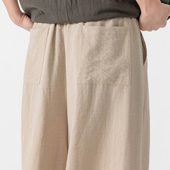 Buddha Stones Pantaloni larghi casual da uomo in cotone con bottoni a rana, lunghezza 7-8, gamba larga, tasche - image 14