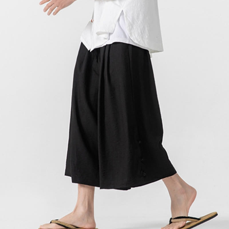 Buddha Stones Pantaloni larghi casual da uomo in cotone con bottoni a rana, lunghezza 7-8, gamba larga, tasche - image 18
