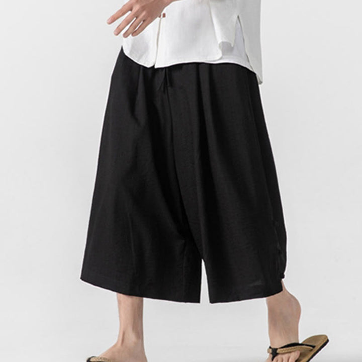 Buddha Stones Pantaloni larghi casual da uomo in cotone con bottoni a rana, lunghezza 7-8, gamba larga, tasche - image 23