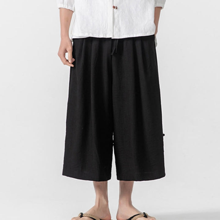 Buddha Stones Pantaloni larghi casual da uomo in cotone con bottoni a rana, lunghezza 7-8, gamba larga, tasche - Nero - US/UK/AU46, EU56 (5XL) - image 15