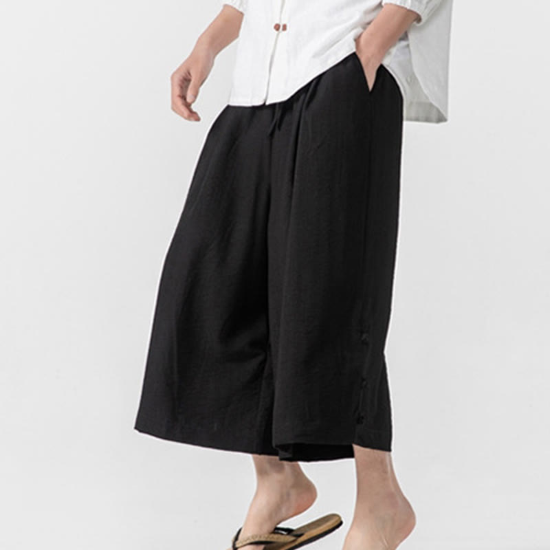 Buddha Stones Pantaloni larghi casual da uomo in cotone con bottoni a rana, lunghezza 7-8, gamba larga, tasche - image 20