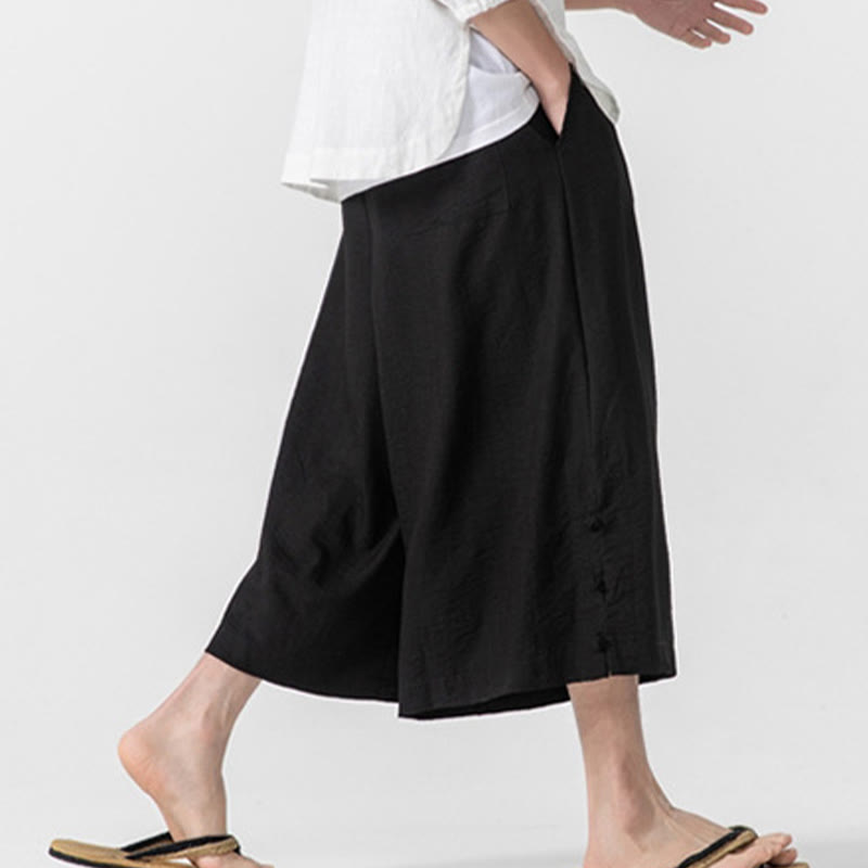 Buddha Stones Pantaloni larghi casual da uomo in cotone con bottoni a rana, lunghezza 7-8, gamba larga, tasche - image 21