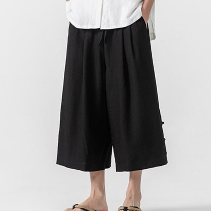 Buddha Stones Pantaloni larghi casual da uomo in cotone con bottoni a rana, lunghezza 7-8, gamba larga, tasche - image 17