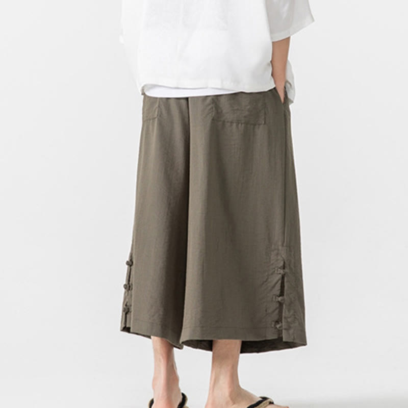 Buddha Stones Pantaloni larghi casual da uomo in cotone con bottoni a rana, lunghezza 7-8, gamba larga, tasche - image 29