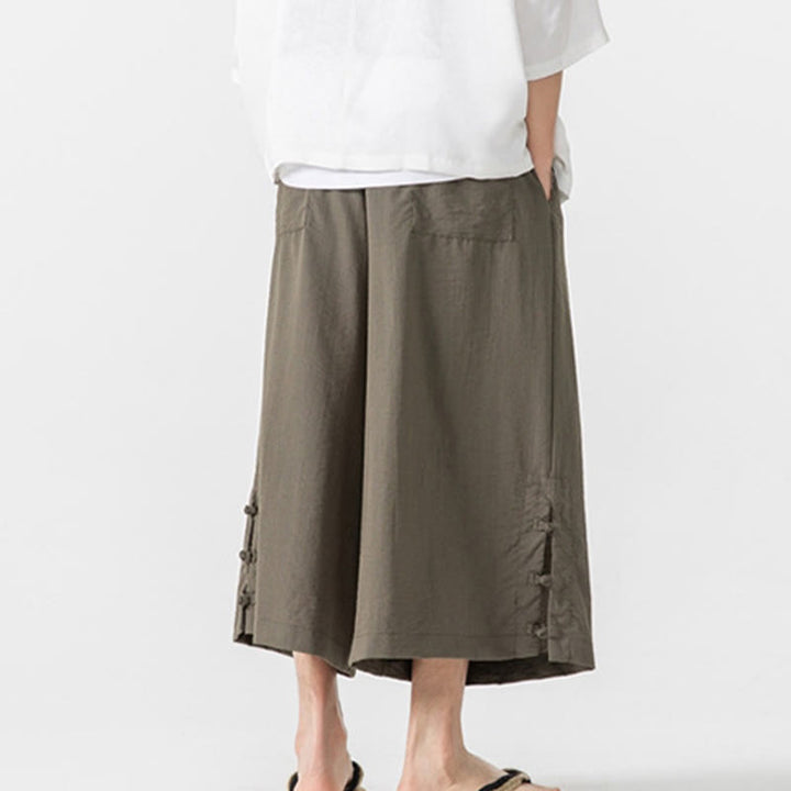 Buddha Stones Pantaloni larghi casual da uomo in cotone con bottoni a rana, lunghezza 7-8, gamba larga, tasche - image 29
