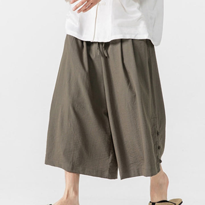 Buddha Stones Pantaloni larghi casual da uomo in cotone con bottoni a rana, lunghezza 7-8, gamba larga, tasche - image 25
