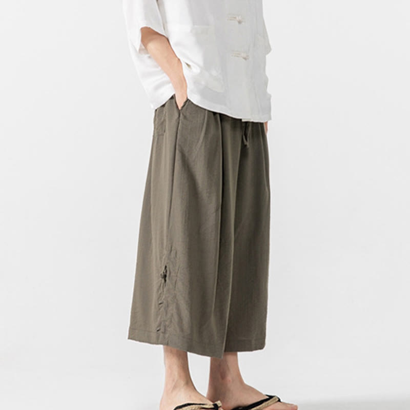Buddha Stones Pantaloni larghi casual da uomo in cotone con bottoni a rana, lunghezza 7-8, gamba larga, tasche - image 26