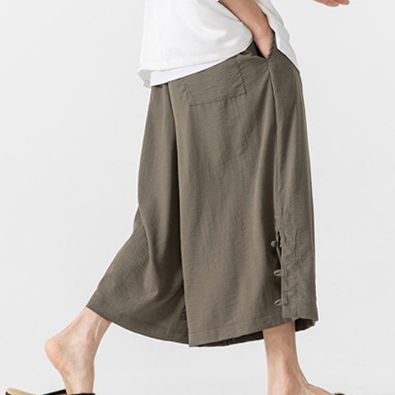 Buddha Stones Pantaloni larghi casual da uomo in cotone con bottoni a rana, lunghezza 7-8, gamba larga, tasche - image 28