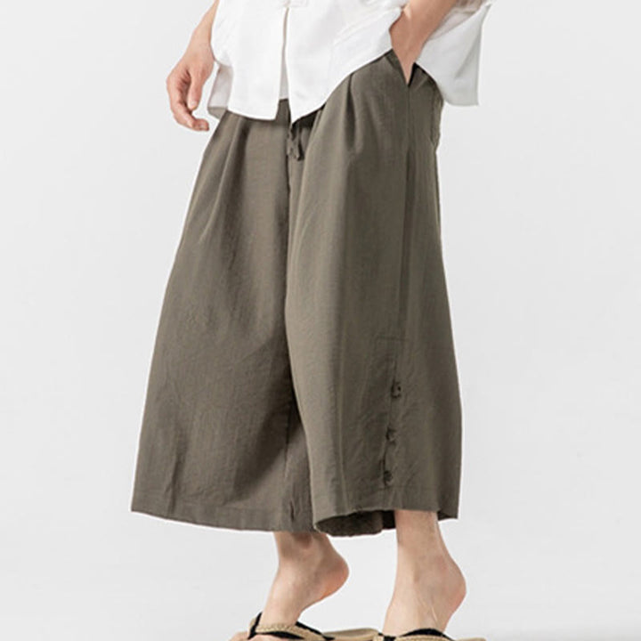 Buddha Stones Pantaloni larghi casual da uomo in cotone con bottoni a rana, lunghezza 7-8, gamba larga, tasche - Oliva - US/UK/AU46, EU56 (5XL) - image 24