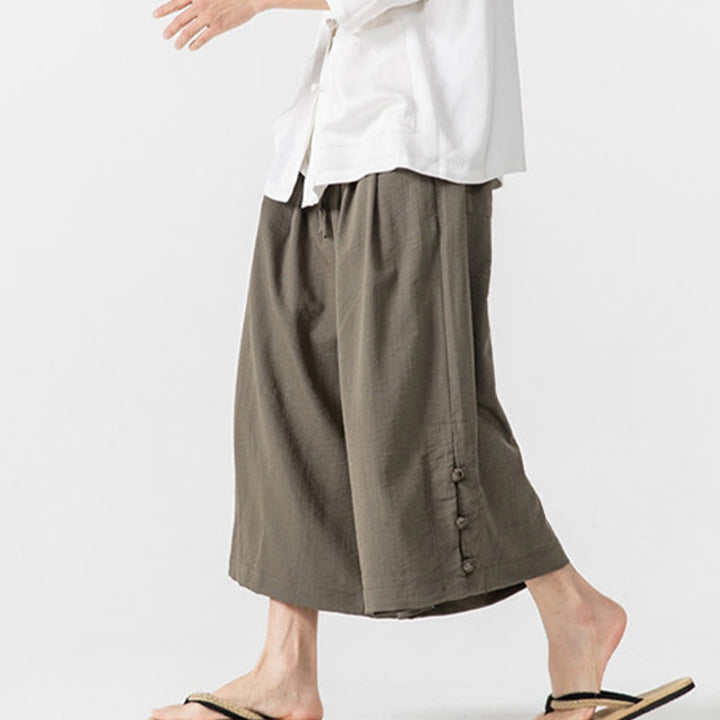 Buddha Stones Pantaloni larghi casual da uomo in cotone con bottoni a rana, lunghezza 7-8, gamba larga, tasche - image 27