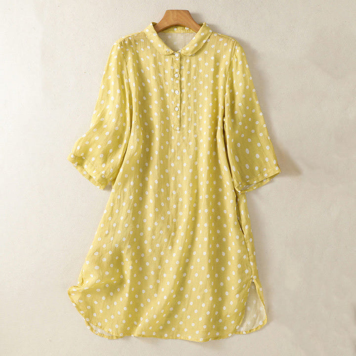 Buddha Stones Abito midi in poliestere con collo alto, bottoni e tasche primaverili a pois - Cachi - US14, UK/AU18, EU46 (2XL) - image 0