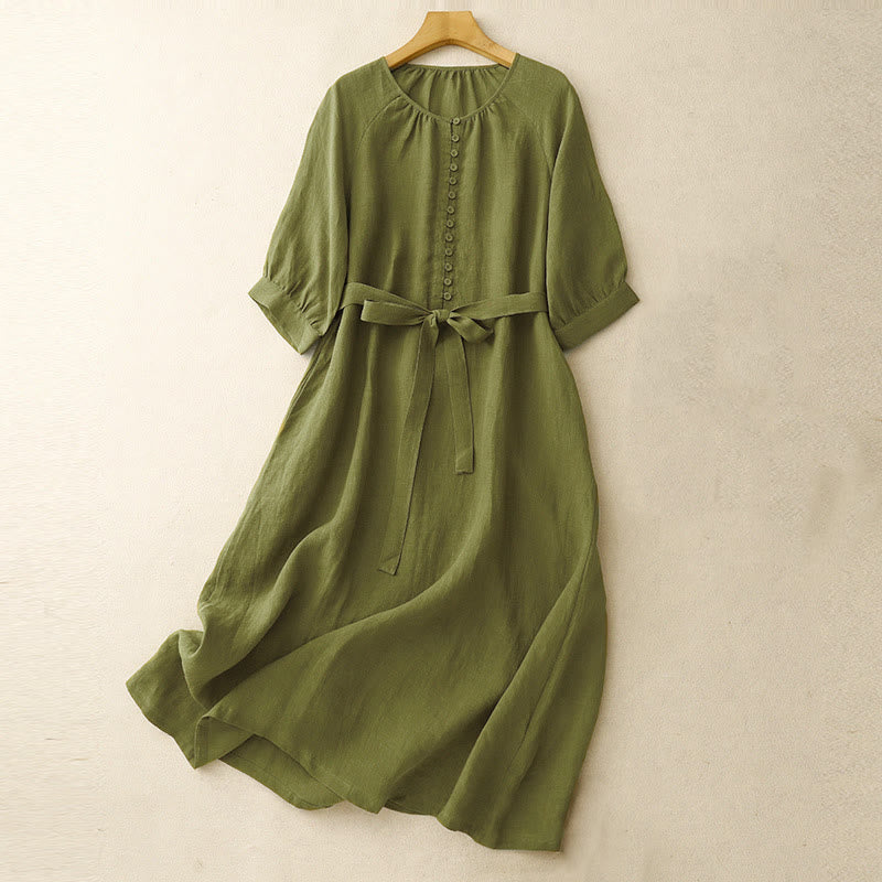 Buddha Stones Abito midi in cotone e lino con maniche corte e lacci, semplice e primaverile - Verde oliva - US14, UK/AU18, EU46 (2XL) - image 0