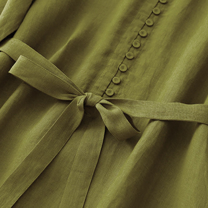 Buddha Stones Abito midi in cotone e lino con maniche corte e lacci, semplice e primaverile - image 5