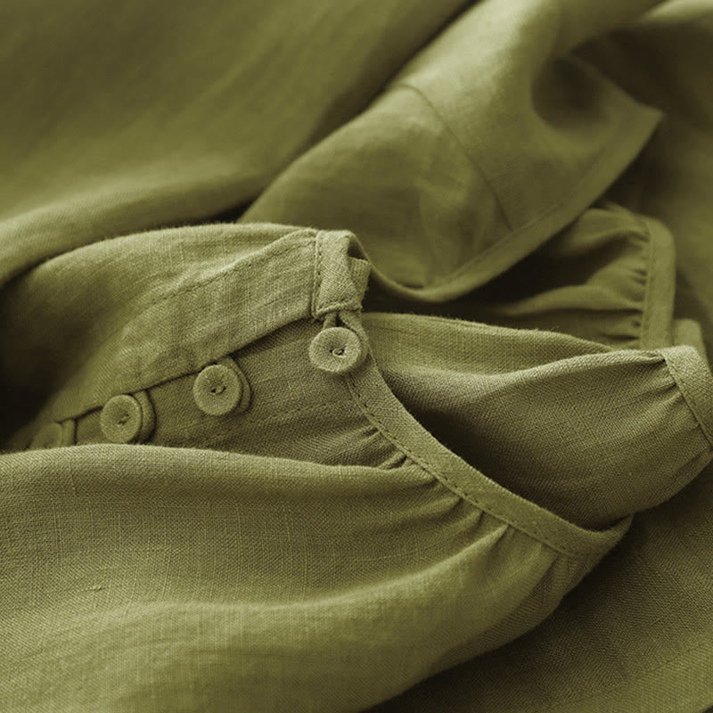 Buddha Stones Abito midi in cotone e lino con maniche corte e lacci, semplice e primaverile - image 7