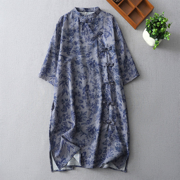 Abito midi in cotone con collo alla coreana, maniche corte, stampa di fiori e foglie, con bottoni a rana e Buddha Stones - Blu Reale - US8-10, UK/AU12-14, EU40-42 (2XL) - image 1