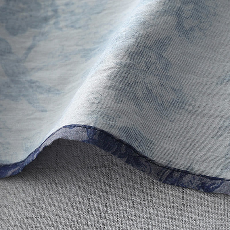 Abito midi in cotone con collo alla coreana, maniche corte, stampa di fiori e foglie, con bottoni a rana e Buddha Stones - image 8