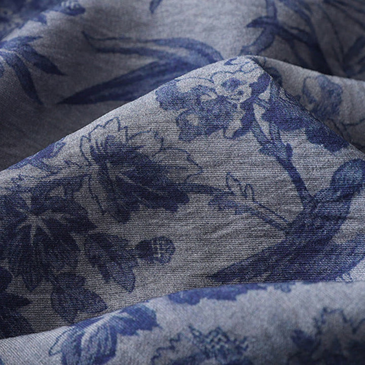 Abito midi in cotone con collo alla coreana, maniche corte, stampa di fiori e foglie, con bottoni a rana e Buddha Stones - image 6