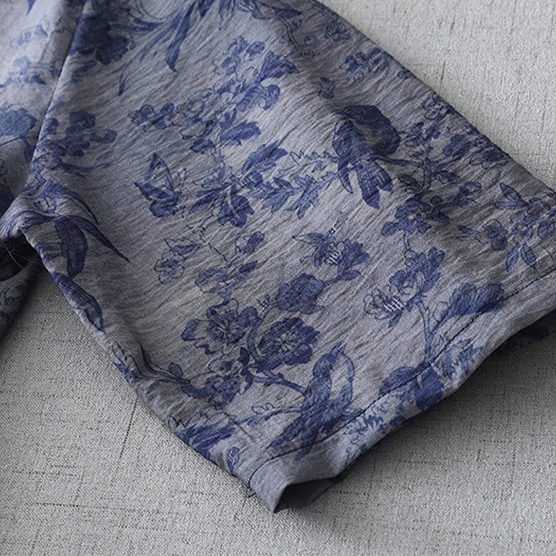 Abito midi in cotone con collo alla coreana, maniche corte, stampa di fiori e foglie, con bottoni a rana e Buddha Stones - image 10