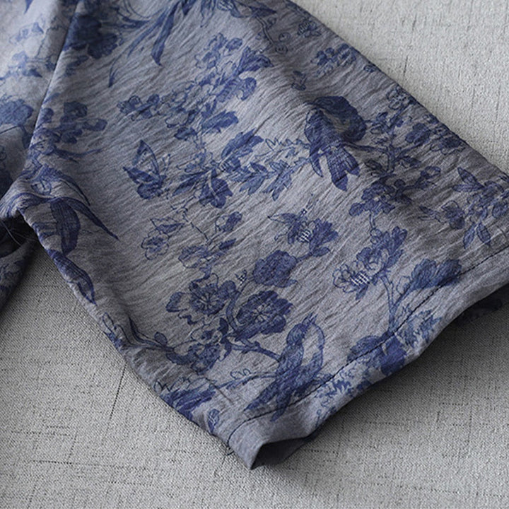 Abito midi in cotone con collo alla coreana, maniche corte, stampa di fiori e foglie, con bottoni a rana e Buddha Stones - image 10