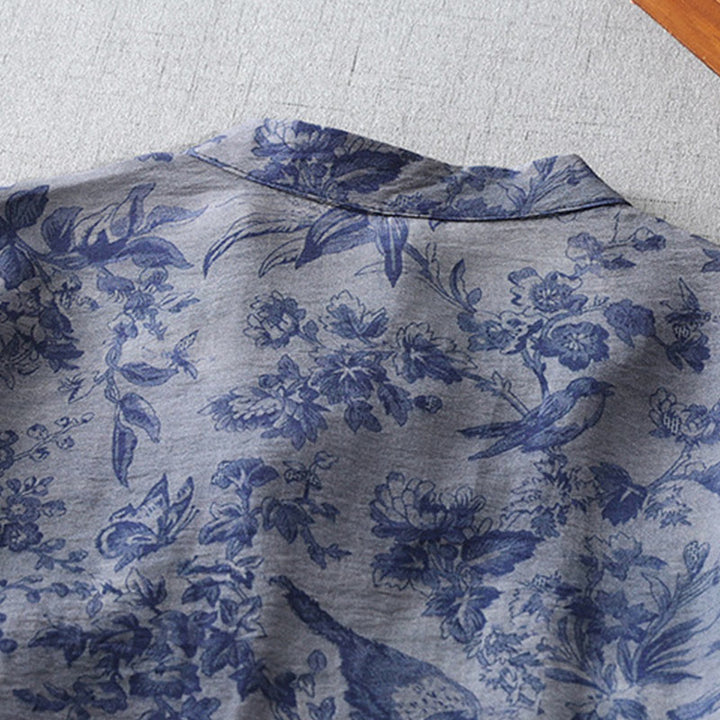 Abito midi in cotone con collo alla coreana, maniche corte, stampa di fiori e foglie, con bottoni a rana e Buddha Stones - image 6