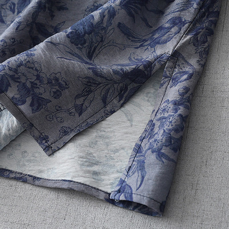 Abito midi in cotone con collo alla coreana, maniche corte, stampa di fiori e foglie, con bottoni a rana e Buddha Stones - image 7