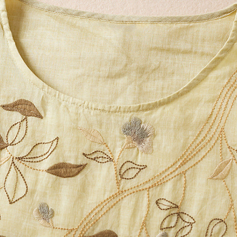 Abito midi in cotone con scollo a giro e maniche corte, ricamato con foglie Buddha Stones - image 3