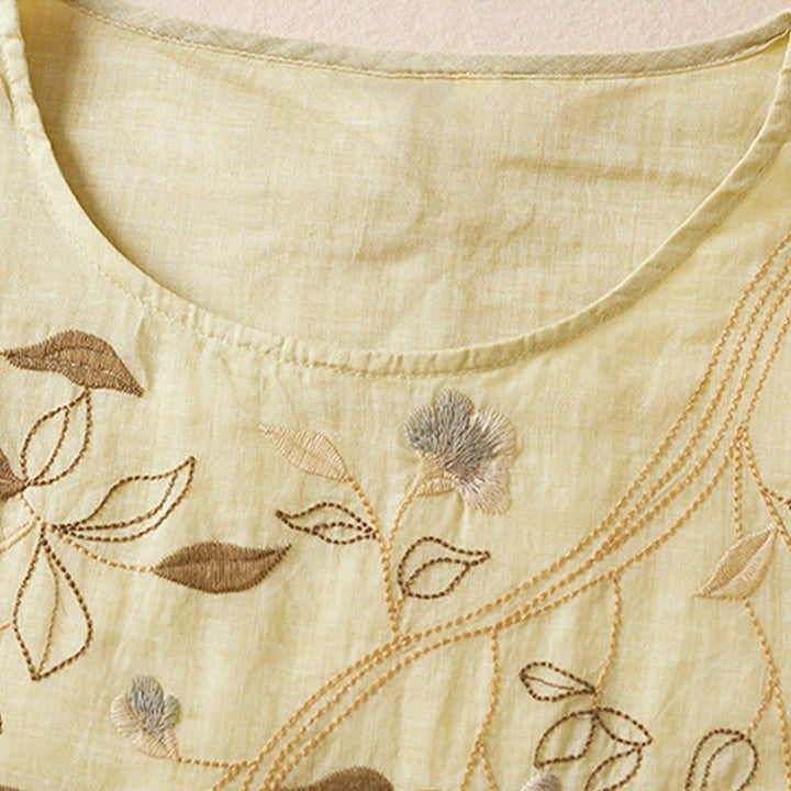 Abito midi in cotone con scollo a giro e maniche corte, ricamato con foglie Buddha Stones - image 3