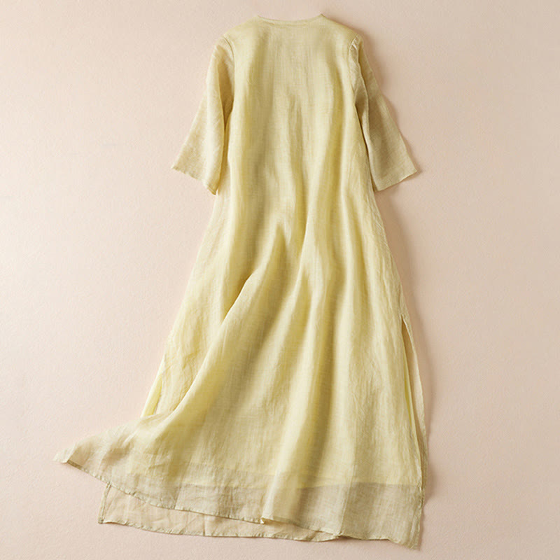 Abito midi in fibra con scollo a giro, maniche corte, foglie ricamate Buddha Stones - image 1