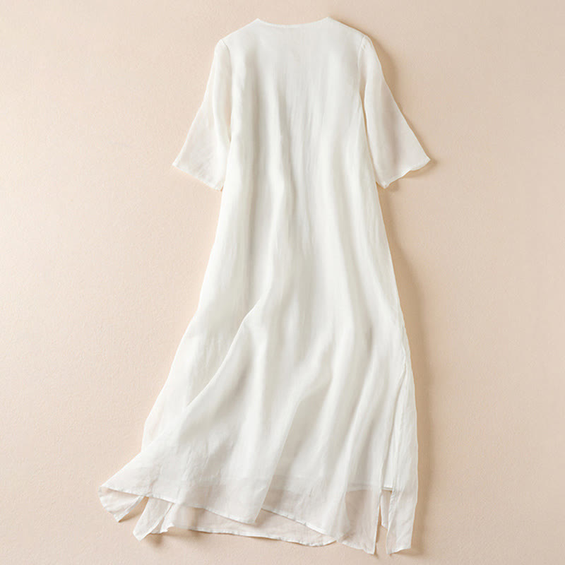 Abito midi in fibra con scollo a giro, maniche corte, foglie ricamate Buddha Stones - image 8