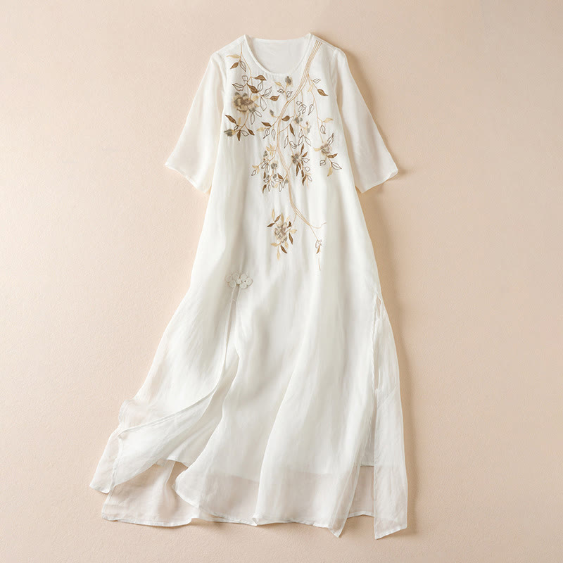 Abito midi in cotone con scollo a giro e maniche corte, ricamato con foglie Buddha Stones - Nevicare - US8-10, UK/AU12-14, EU40-42 (2XL) - image 7