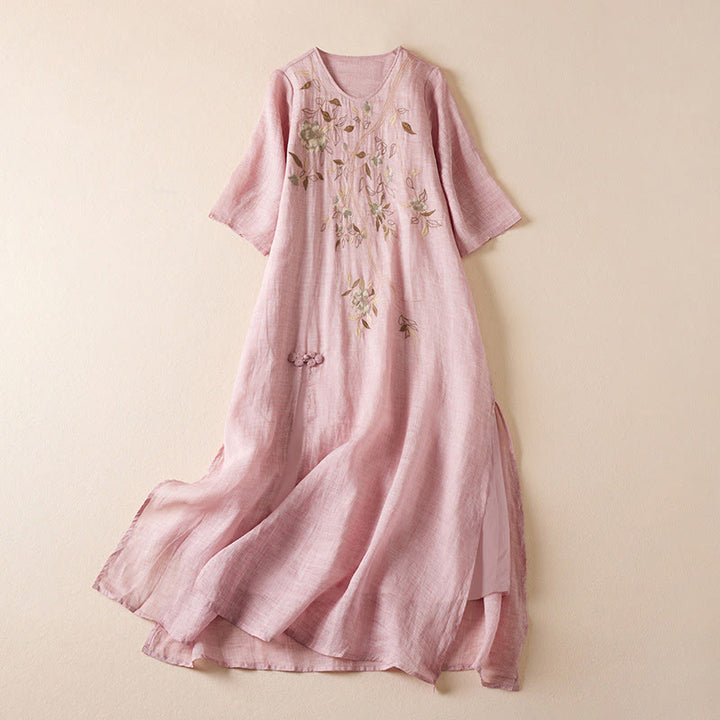 Abito midi in cotone con scollo a giro e maniche corte, ricamato con foglie Buddha Stones - Rosa - US8-10, UK/AU12-14, EU40-42 (2XL) - image 14