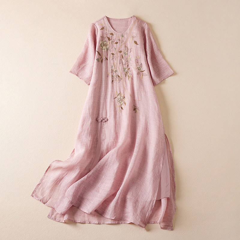 Abito midi in cotone con scollo a giro e maniche corte, ricamato con foglie Buddha Stones - Rosa - US8-10, UK/AU12-14, EU40-42 (2XL) - image 15
