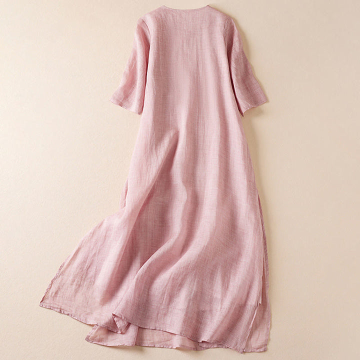 Abito midi in cotone con scollo a giro e maniche corte, ricamato con foglie Buddha Stones - image 15