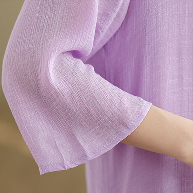 Buddha Stones Abito midi casual in cotone con scollo rotondo, maniche a tre quarti e bottoni a rana - image 9