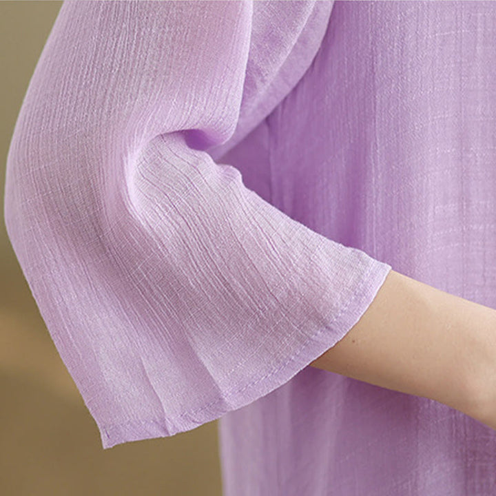 Buddha Stones Abito midi casual in cotone con scollo rotondo, maniche a tre quarti e bottoni a rana - image 9