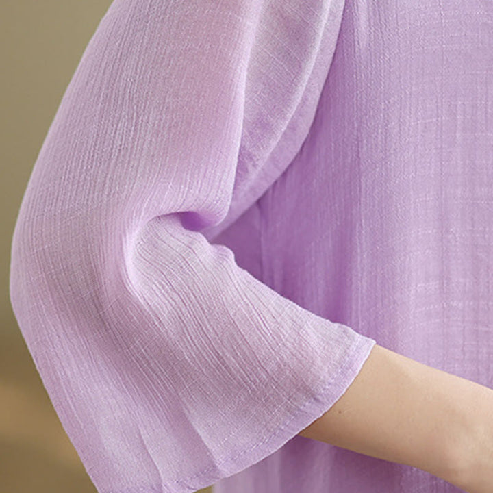 Buddha Stones Abito midi casual in cotone con scollo rotondo, maniche a tre quarti e bottoni a rana - image 11