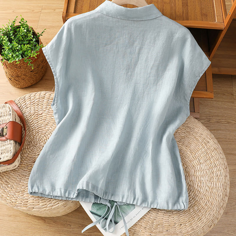 Camicia da donna estiva a maniche corte con bottoni e stampa Buddha Stones. - image 3