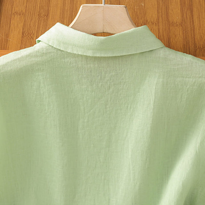 Camicia da donna estiva a maniche corte con bottoni e stampa Buddha Stones. - image 19