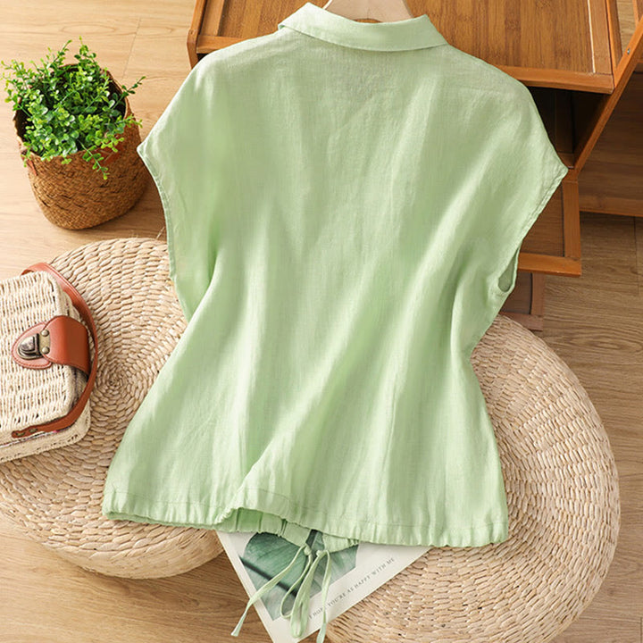 Camicia da donna estiva a maniche corte con bottoni e stampa Buddha Stones. - image 15
