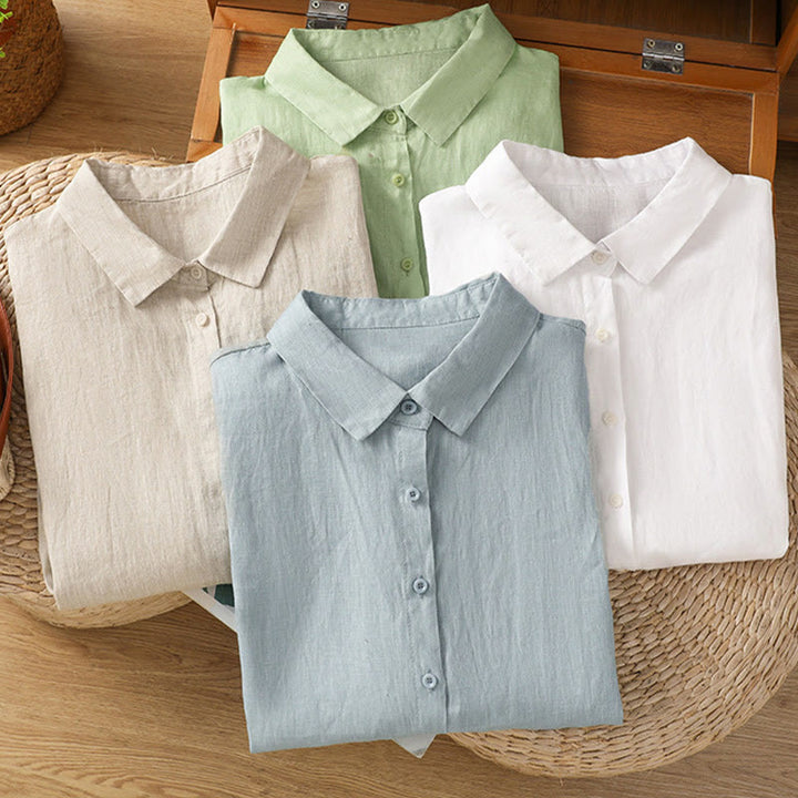 Camicia da donna in cotone a maniche corte con bottoni, tinta unita, estate, motivo Buddha Stones - image 2